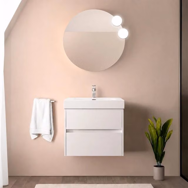 Mobile bagno sospeso 70 cm bianco lucido con due cassetti e lavabo in resina Gaya