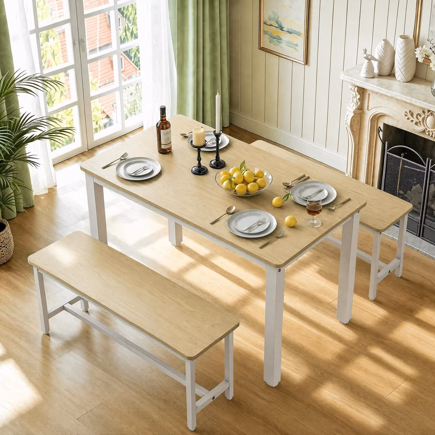 Set da pranzo Moonbite, composto da un tavolo da pranzo e due panche, dimensioni 120x70 cm, legno di quercia. Ideale per la sala da pranzo o la cucina
