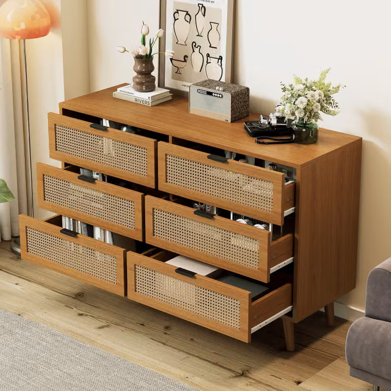 Cassettiera Okwish, mobile con 6 cassetti e maniglie in metallo, cassettiera in noce per camera da letto, soggiorno, ufficio, B120/H76,5/T40 cm