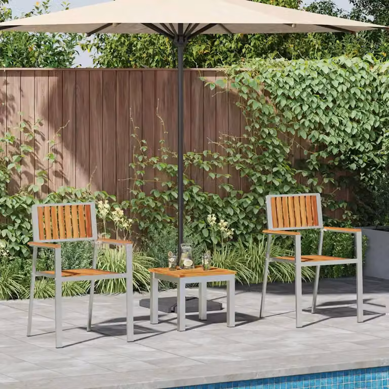 Set da pranzo per giardino e terrazzo vidaXL in legno di acacia e acciaio inossidabile, 3 pezzi, Marrone e Argento