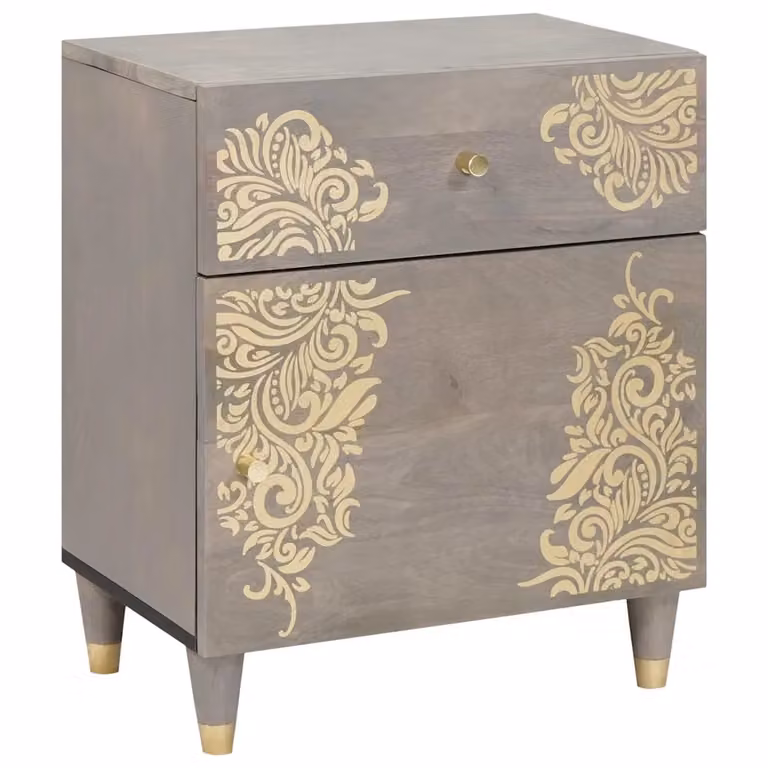 Comodino moderno vidaXL in legno di mango con cassetto e porta, Grigio e Marrone, L 50 cm x P 33 cm x H 60 cm