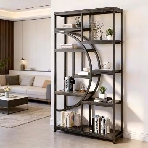 Libreria geometrica con 9 ripiani aperti in metallo e legno nera