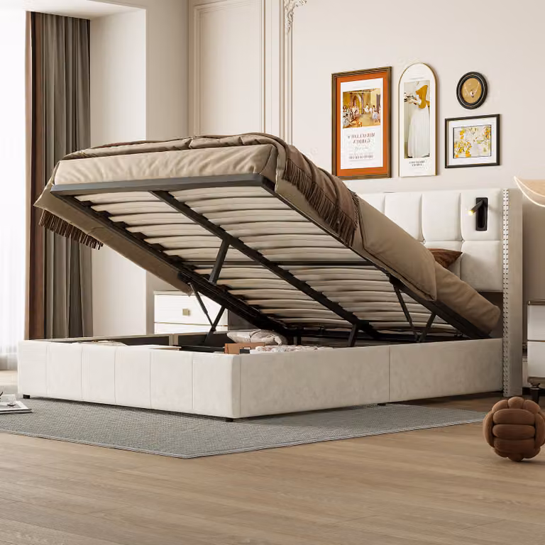 Letto imbottito 160x200cm con rete a doghe e lampade da lettura, letto contenitore, letto matrimoniale, velluto, beige