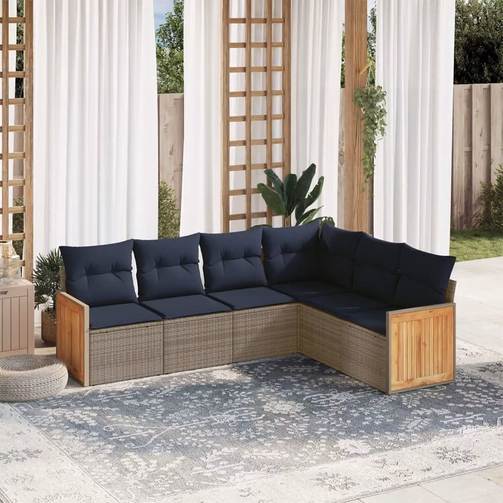 Set di divani da giardino vidaXL in polyrattan grigio con cuscini, componibile a L per 6 persone