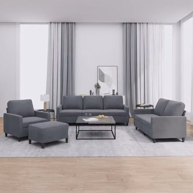 Set di divani moderno vidaXL in velluto grigio composto da divano a 3 posti, divano a 2 posti, pouf e cuscini coordinati