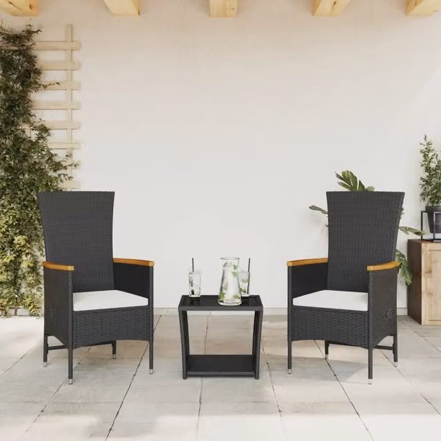 Set da pranzo da giardino moderno vidaXL in legno di acacia oliato con tavolo in vetro e sedie in rattan nero e bianco