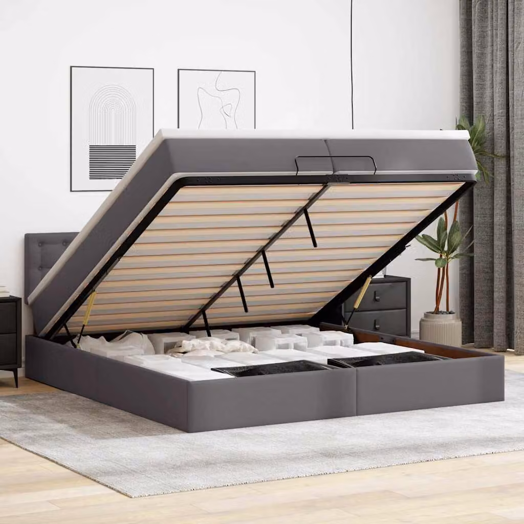 vidaXL Struttura Letto con Materasso e Contenitore a Sollevamento, Similpelle Grigio e Bianco, L: 200 cm, P: 200 cm, H: 280 cm – 1