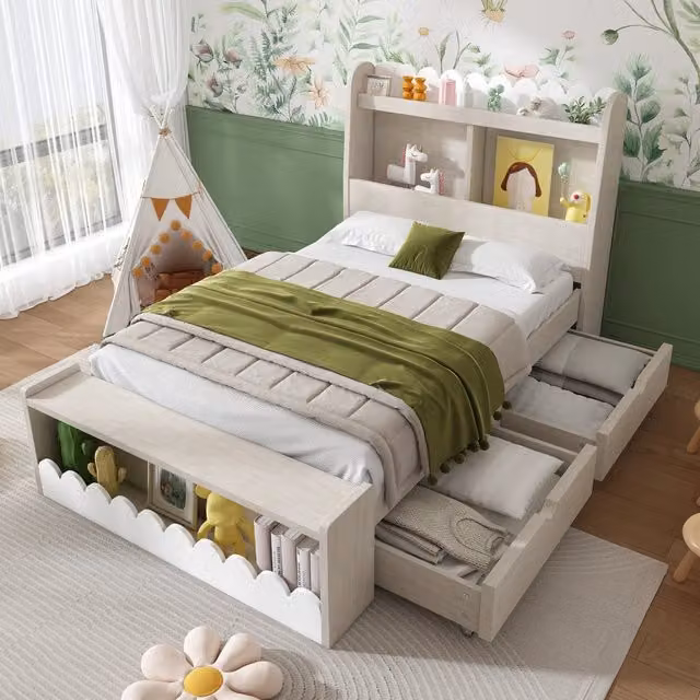 Letto singolo WISHDOR in stile scandinavo con cassetti e mensole, struttura in legno e MDF, bianco e rovere, L/P/H: 190 x 90 x 100 cm