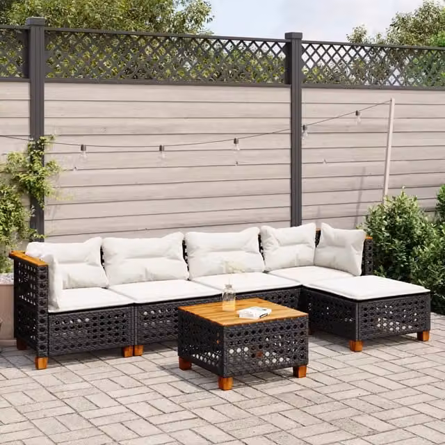 vidaXL Set Divano da Giardino a L in Polyrattan Nero con Cuscini e Tavolino da Esterno – 1