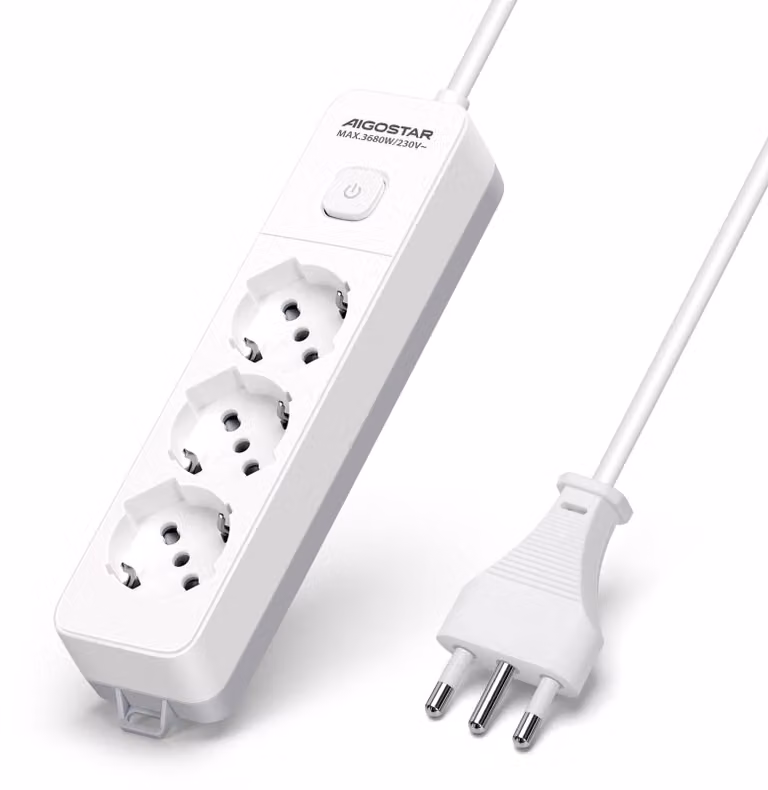 Ciabatta multipresa Aigostar, con 3 prese, interruttore, 250 V/3680 W, cavo da 3 metri. Colore: bianco e grigio