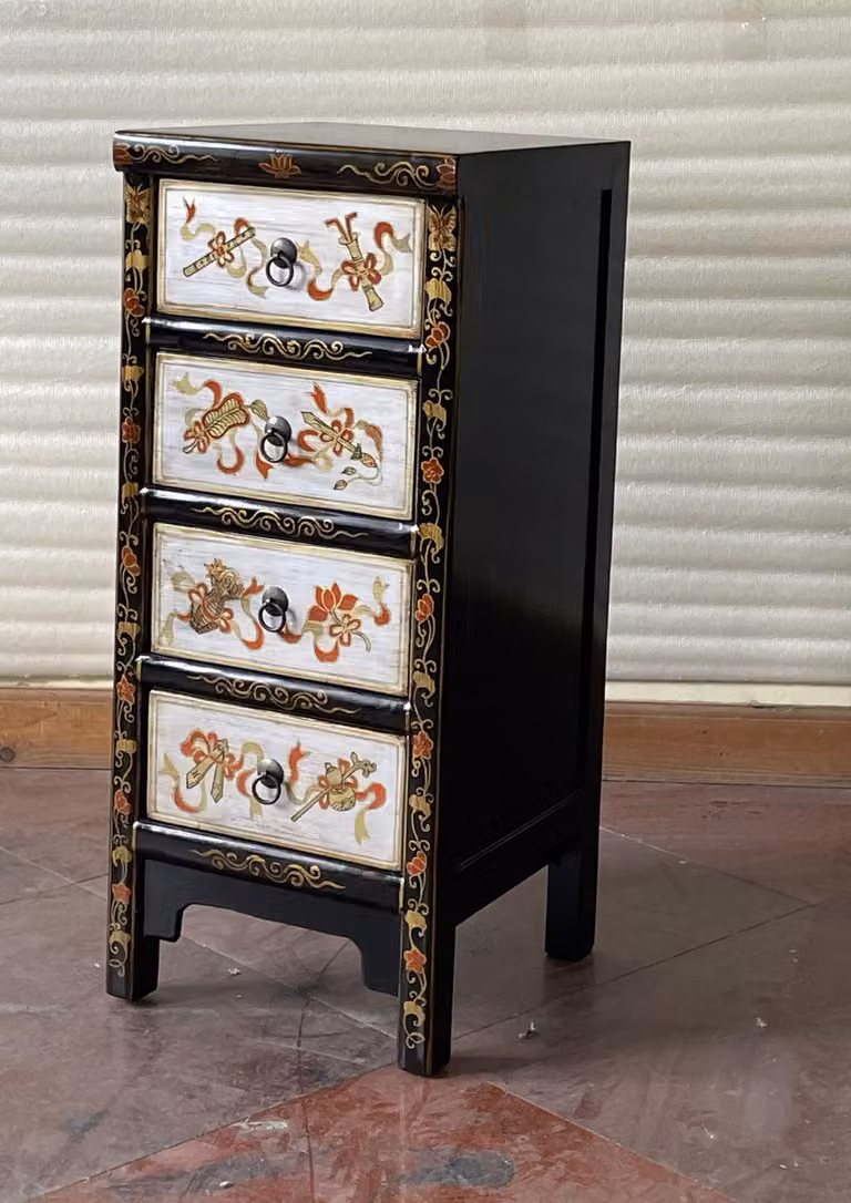 Antico comò cinese altezza 88 cm con 4 cassetti nero con argento