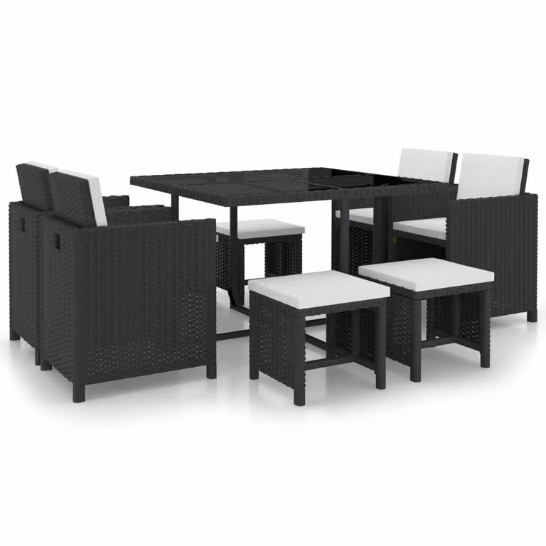 set da pranzo da giardino 9 pezzi con cuscini in poly rattan nero