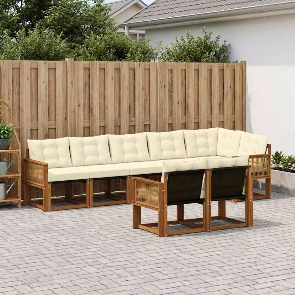Set di divani da esterno vidaXL 8 pz in legno di acacia e textilene, colore beige e bianco, design moderno a L con cuscini inclusi