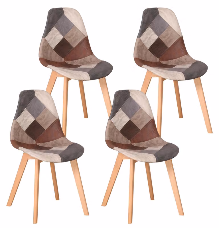 Set di 4 sedie da pranzo in tessuto, stile retrò patchwork, con gambe in legno. Design moderno e minimalista, ideali per la sala da pranzo e la cucina. Colore: marrone scuro