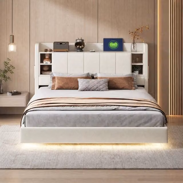 Letto imbottito 160x200 cm con struttura in metallo, rivestimento in lino beige, testiera reversibile con ripiani e presa USB integrata