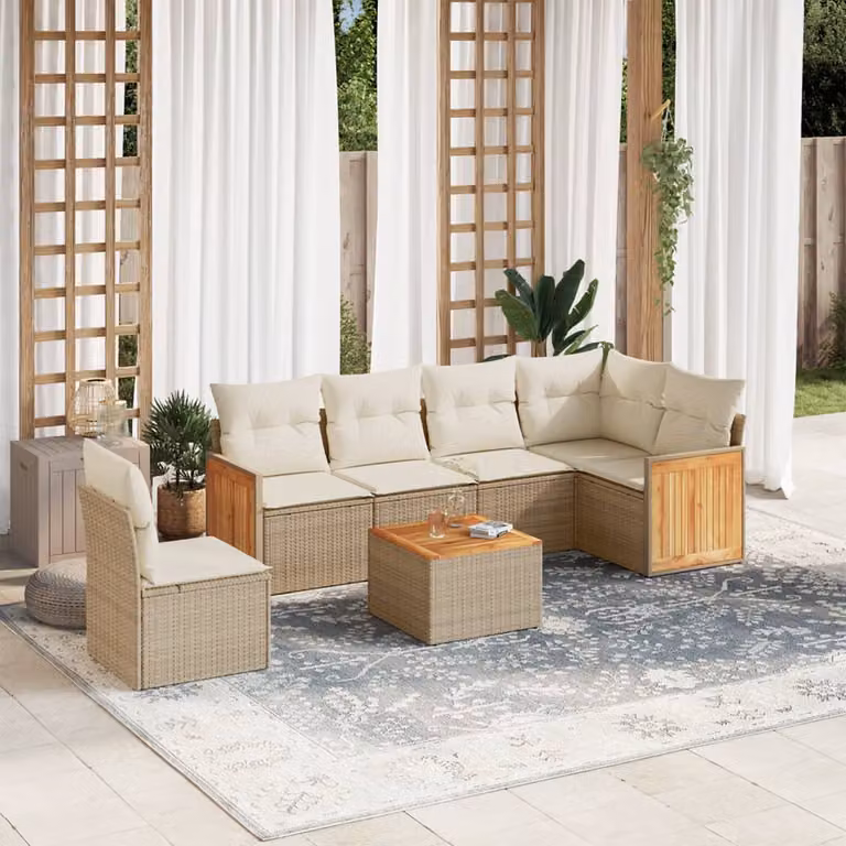 Set di divani da giardino vidaXL in polyrattan beige con cuscini e tavolino da esterno a forma di L