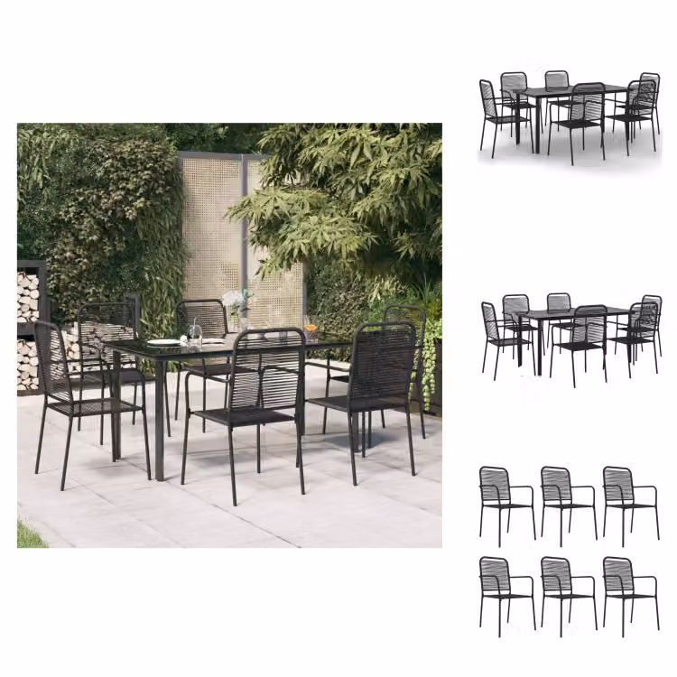 vidaXL Set da pranzo da giardino 7 pezzi in corda di cotone nera e acciaio - Set di mobili da giardino