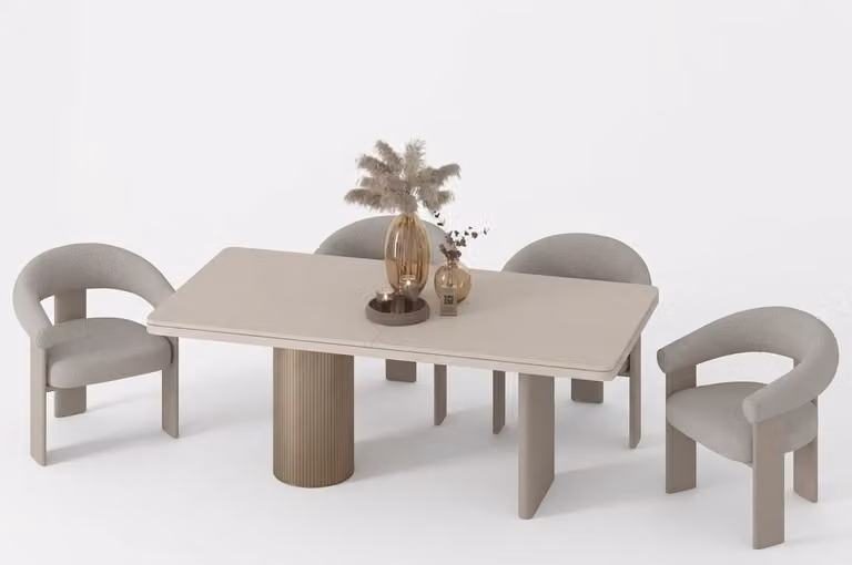Tavolo da pranzo in stile moderno, colore beige, design minimalista, struttura in legno