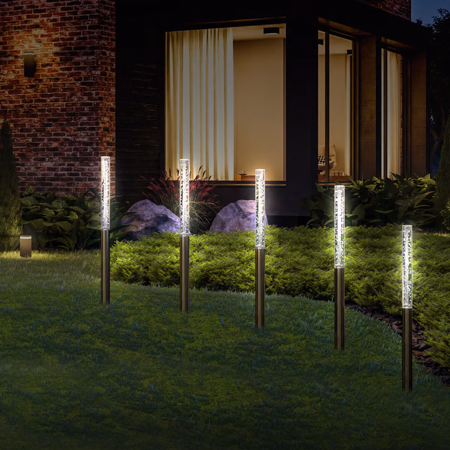 Set di 5 faretti solari LED Monzana® per giardino e sentieri, luce bianca, finitura argento e bianco, con sensore crepuscolare e protezione IP44 – 2