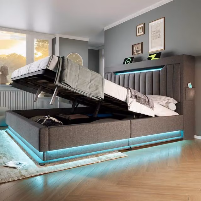 Letto Matrimoniale REDOM Grigio con Struttura Imbottita, Illuminazione LED, Porte USB e Contenitore Alzabile L/P/H: 140 x 190 x 112 cm