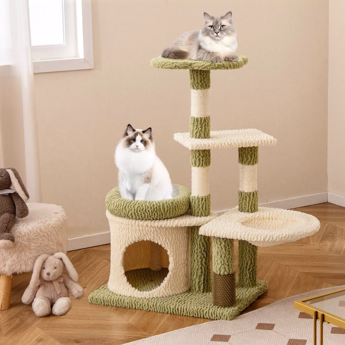 Albero per gatti Costway verde con pali in sisal, amaca e cuccia, torre multi-livello Altezza: 97 cm