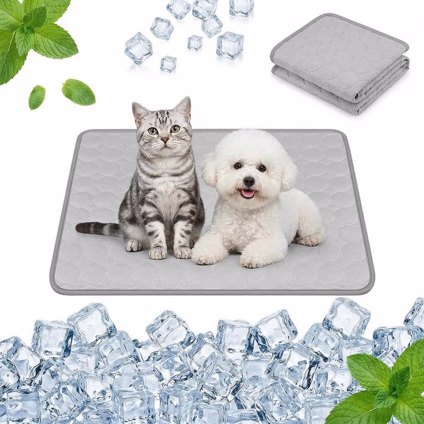 Tappetino refrigerante per cani, autorigenerante, 50x40 cm, grigio, in cotone effetto seta, lavabile