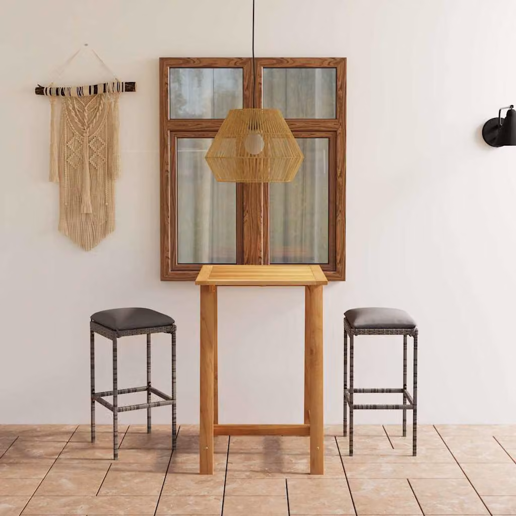 Set Bar da Giardino vidaXL in Polyrattan e Legno di Acacia con 3 Cuscini, Grigio Antracite e Marrone – 1