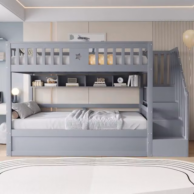 Letto a castello 90x200 cm rialzato in legno con contenitore idraulico; scaletta e scaffali integrati; grigio