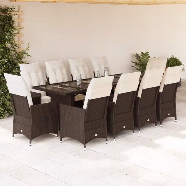 Set Bistrò da Giardino vidaXL 11 pz in Polyrattan Marrone con Cuscini Bianchi e Piano in Vetro – 1