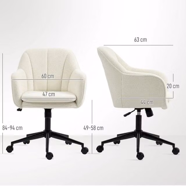 Sedia da ufficio girevole moderna in tessuto boucle beige con braccioli e ruote per home office