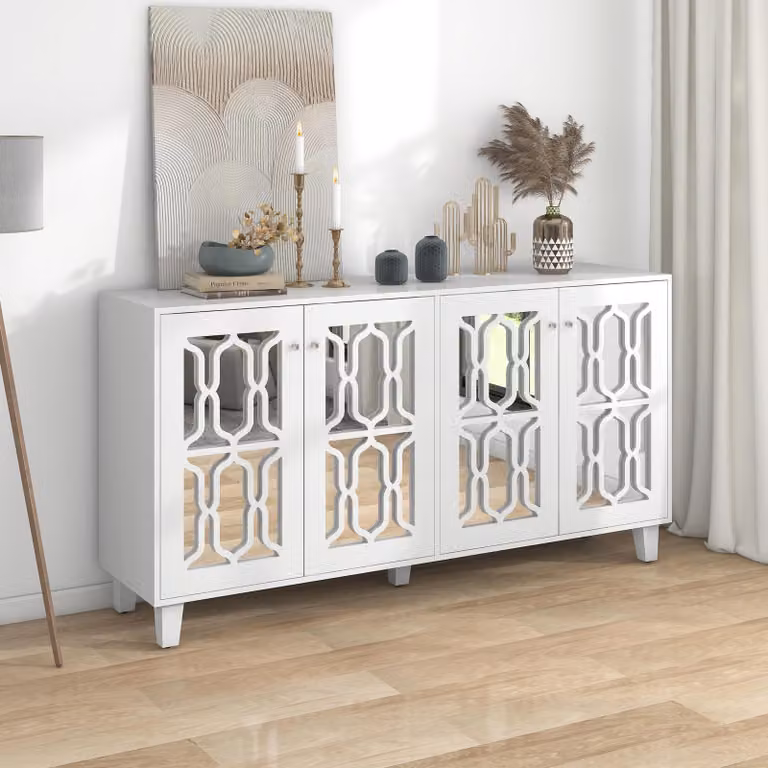 Comò MODFU con 4 ante, frontale effetto specchio e motivo a griglia. Comò con elemento specchiato, dimensioni 160 x 40 x 84 cm