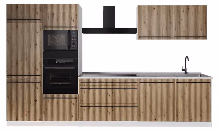 Cucina componibile Vicco R-Line Rovere artigianale/Bianco 340 cm piano di lavoro Marmo, Model 67355