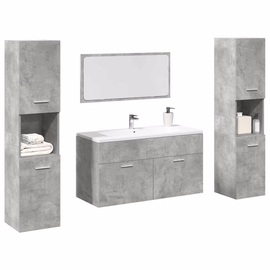 Set di mobili da bagno vidaXL 4 pezzi in legno e vetro, colore grigio, design moderno a parete con mobile lavabo, colonna alta e armadietto con specchio