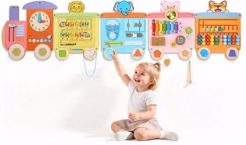 VEVOR Pannello Attività da Parete in Legno, Gioco Treno Montessori 18 in 1, Pannello Sensoriale Educativo 18 in 1, Ideale per Asilo Nido, Aula, Sala Giochi e Casa, con Accessori di Montaggio Comodi
