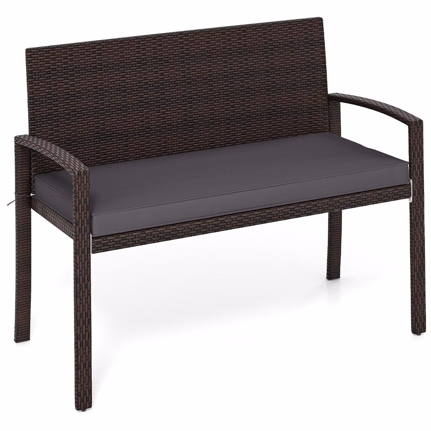 COSTWAY Panca da giardino in polyrattan con cuscino, vasca da balcone resistente alle intemperie, panca a 2 posti, portata fino a 360 kg, panca da patio 110x56x84cm grigio