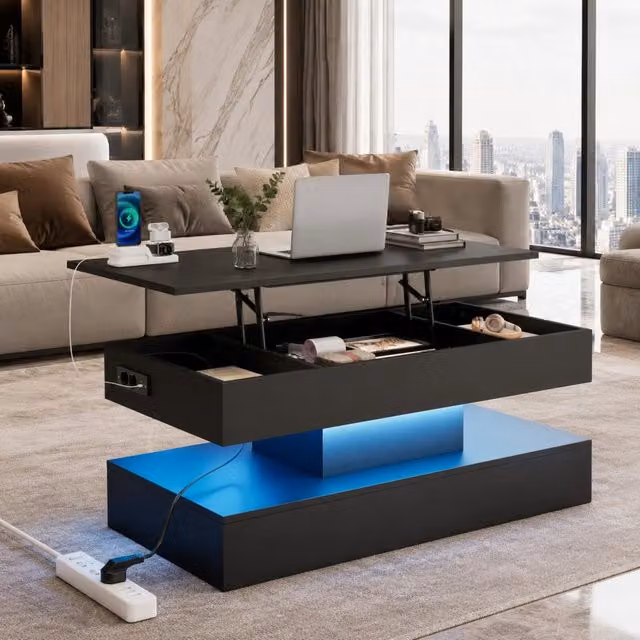 Tavolino 100x50x42 cm nero con LED, vano nascosto, truciolare,