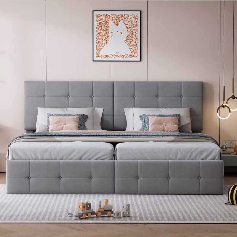 Letto imbottito 180x200 cm con spazio contenitore, letto matrimoniale con sistema di sollevamento idraulico, rivestito in tessuto velluto grigio, divisibile in due letti singoli da 90x200 cm, con schienale regolabile