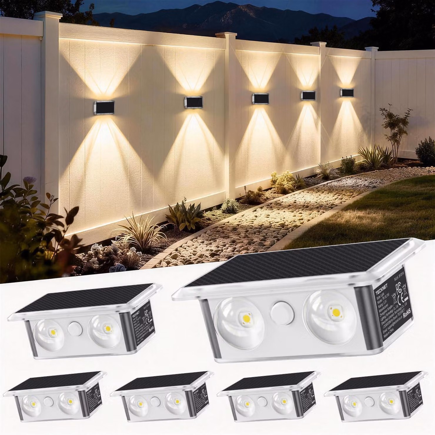 Set di 6 lampade da esterno a energia solare, grado di protezione IP66, con 3 modalità di illuminazione, con luce direzionabile verso l'alto e verso il basso