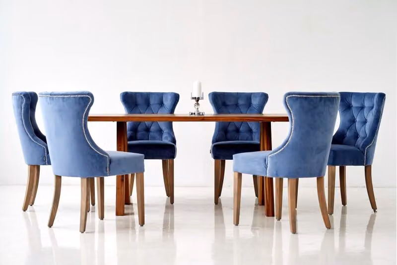 Holz Tisch + 6 Chesterfield Stühle Esszimmer Gruppe Stuhl Garnitur Polster Lehn