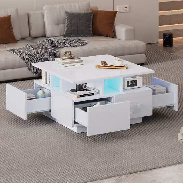 Tavolino da Salotto 70x70x40 cm, Bianco Lucido con LED e Design Geometrico, 4 Cassetti, Portata 30 kg