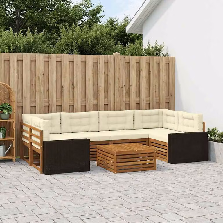 Set di divani da esterno vidaXL 7 pezzi in legno di acacia con cuscini beige e bianco per giardino e terrazza