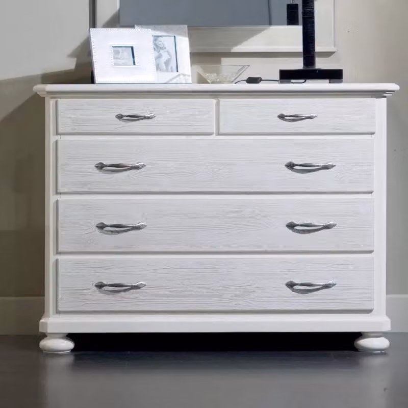 Comodino Como con 5 cassetti in legno di abete bianco spazzolato Mobili 2G L: 118 cm, P: 52 cm, H: 99 cm – 1