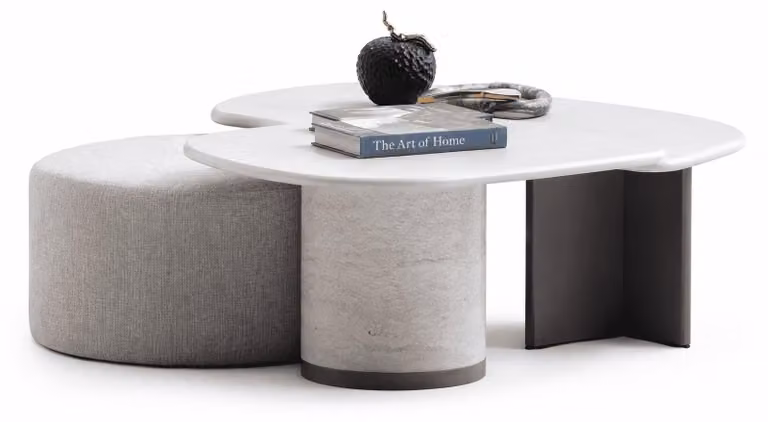Set di mobili da soggiorno grigio: pouf imbottito, tavolino, tavolino da soggiorno, design moderno
