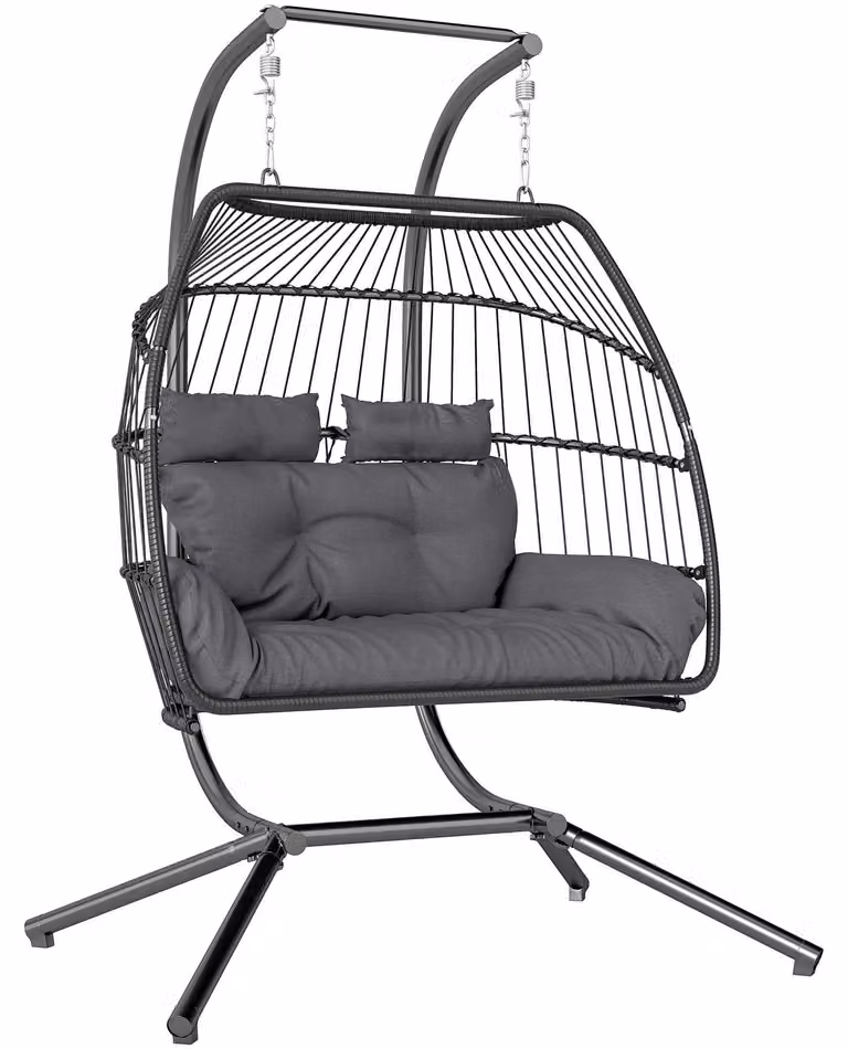 Sedia sospesa, sedia pieghevole in vimini con cuscino, struttura in acciaio, per interni ed esterni, portata massima 260 kg, grigio scuro