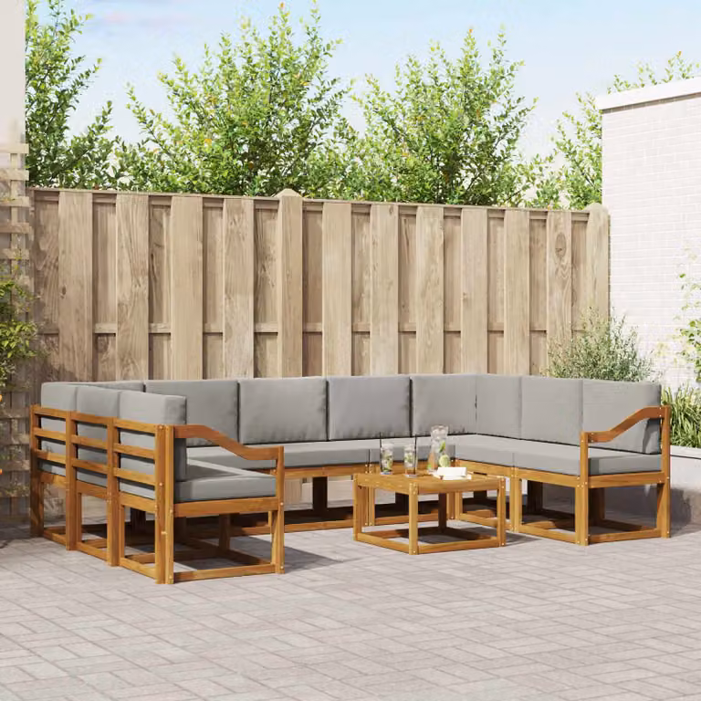 Set di divani da esterno vidaXL a forma di U in legno di acacia con cuscini, 10 pezzi, Grigio e Marrone