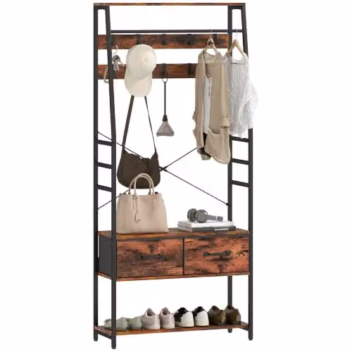 HOMCOM Armadio d'ingresso 6 in 1 appendiabiti appendiabiti con asta per vestiti, mensola, 2 cassetti in tessuto e 10 ganci, stile industriale, per corridoio, ingresso, camera da letto, nero e marrone