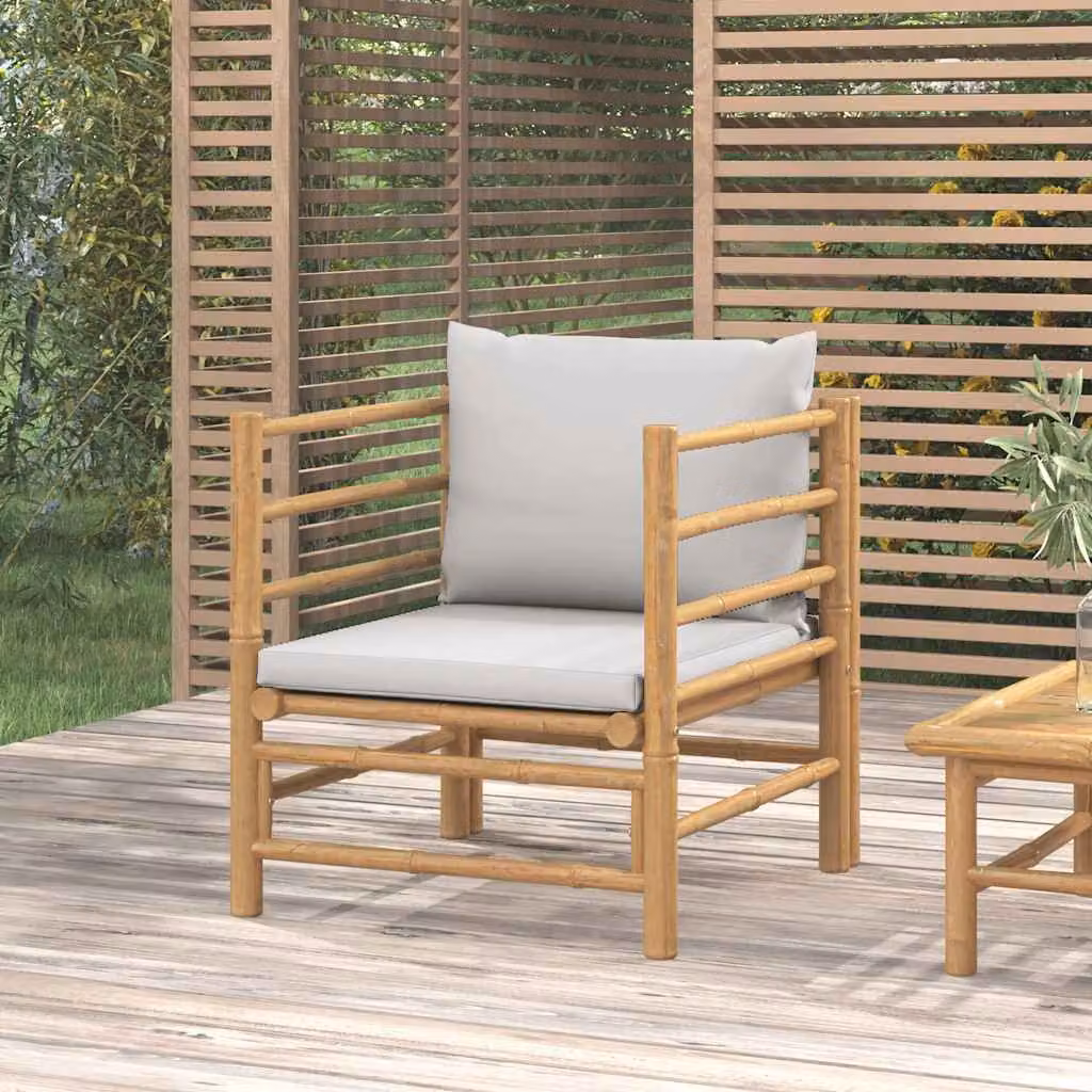 vidaXL Divano da giardino in legno di bambu con cuscini grigi