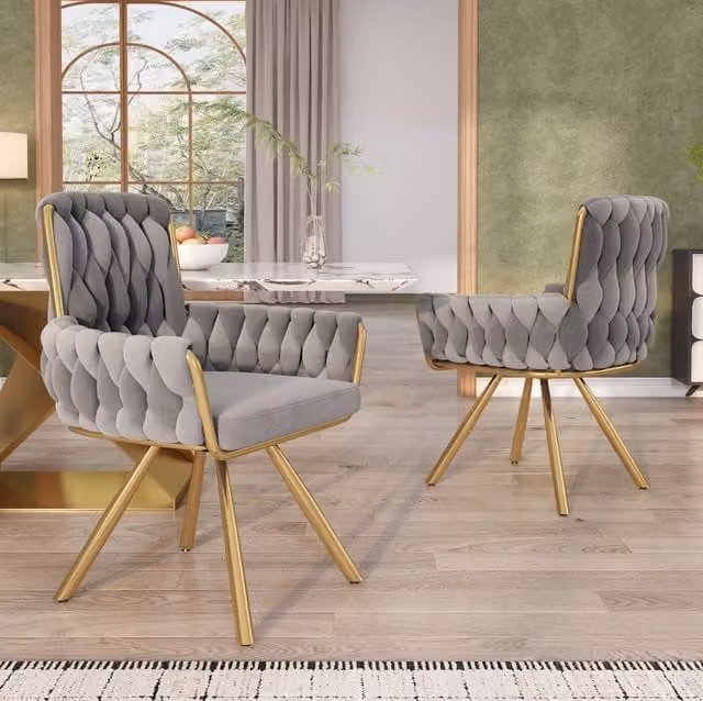 Set di 2 Poltrone Girevoli in Velluto Grigio con Struttura in Metallo per Sala da Pranzo