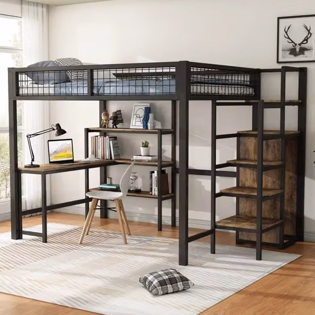 Letto a soppalco matrimoniale OKWISH con scrivania, armadio e scale, nero e marrone, L/P: 140 x 200 cm