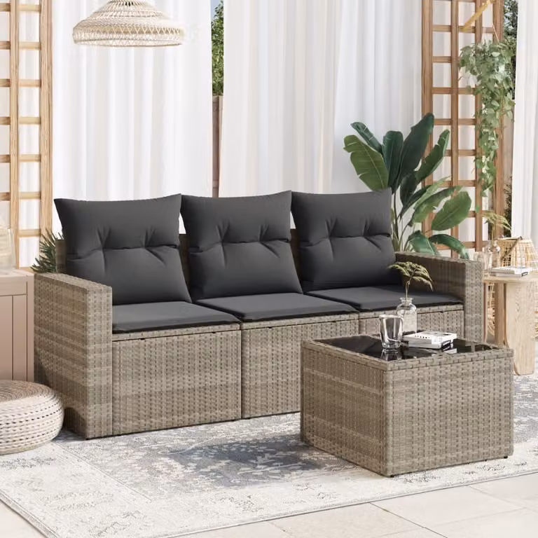 Set Divano da Giardino vidaXL 4pz in Polyrattan Grigio con Cuscini e Tavolino